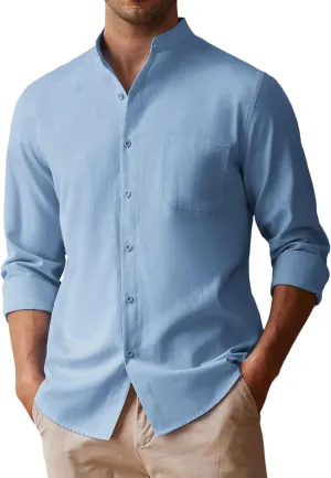COOFANDY Men's Long Sleeve Linen Shirt Band Collar Button Down Shirts Oxford Dress Shirt