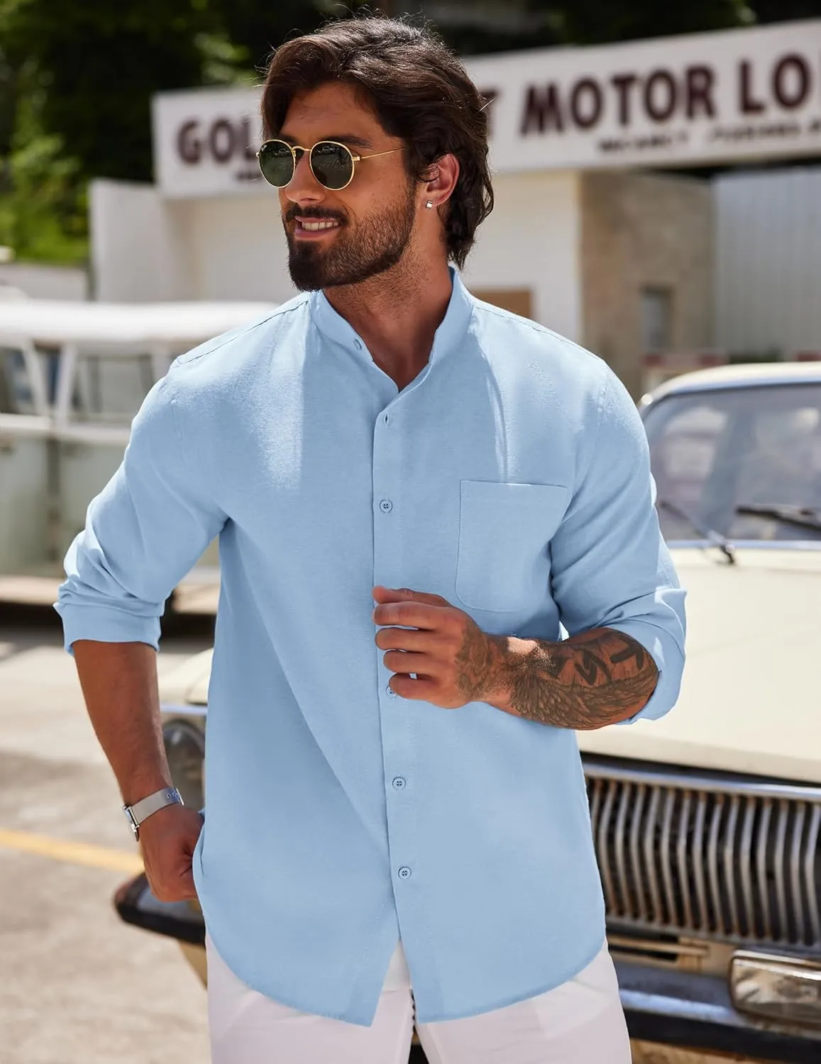 COOFANDY Men's Long Sleeve Linen Shirt Band Collar Button Down Shirts Oxford Dress Shirt