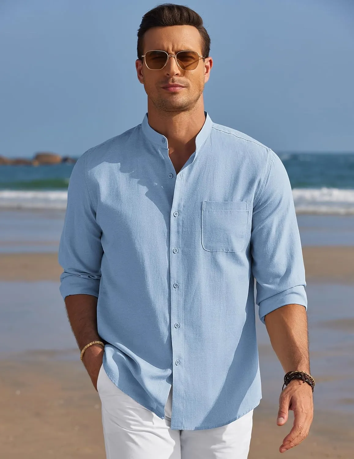 COOFANDY Men's Long Sleeve Linen Shirt Band Collar Button Down Shirts Oxford Dress Shirt