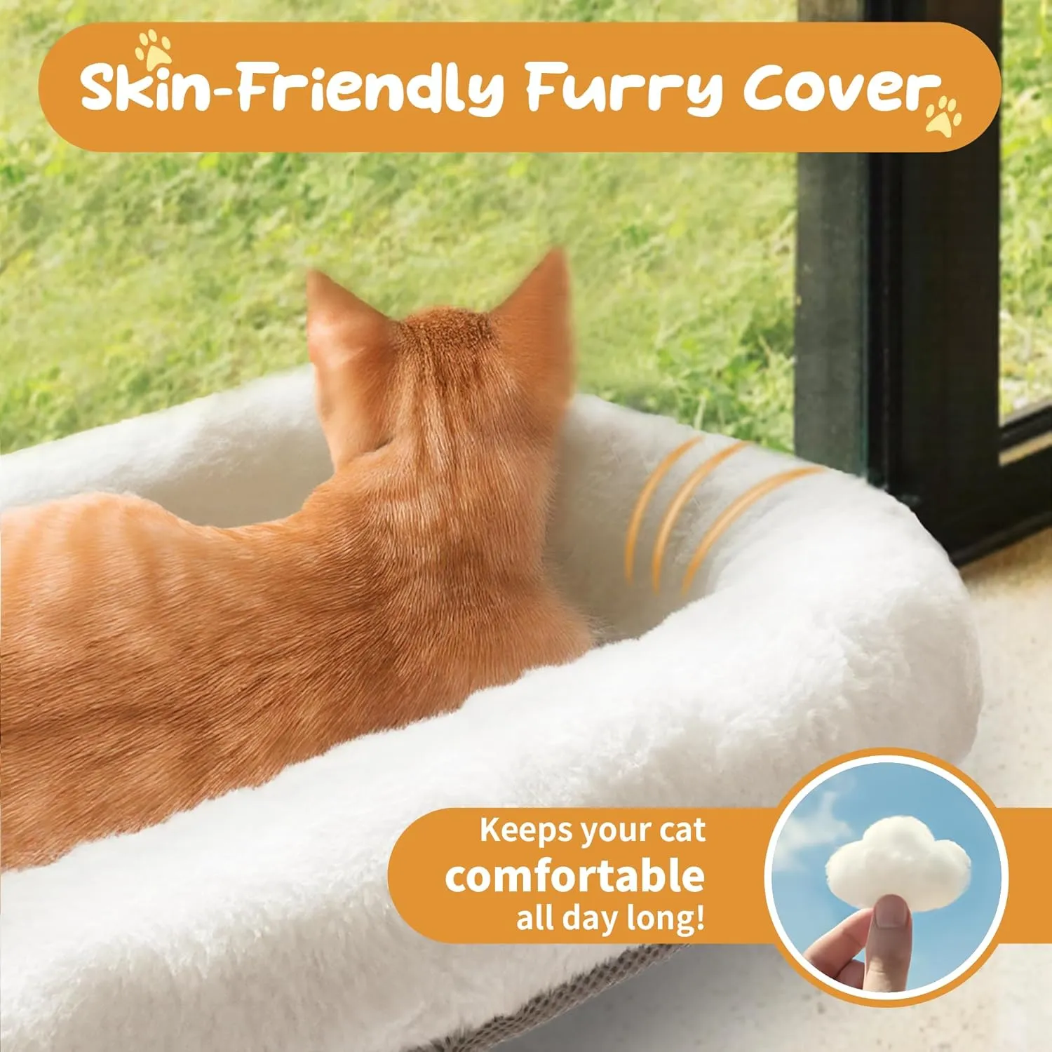 Cordless Cat Window Perch, Cat Foldable Hammock for Windows with 4 Strong Suction Cups, Solid Metal Frame, Patented Hook Design (Large-Cushion White)