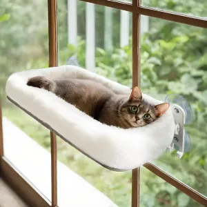 Cordless Cat Window Perch, Cat Foldable Hammock for Windows with 4 Strong Suction Cups, Solid Metal Frame, Patented Hook Design (Large-Cushion White)
