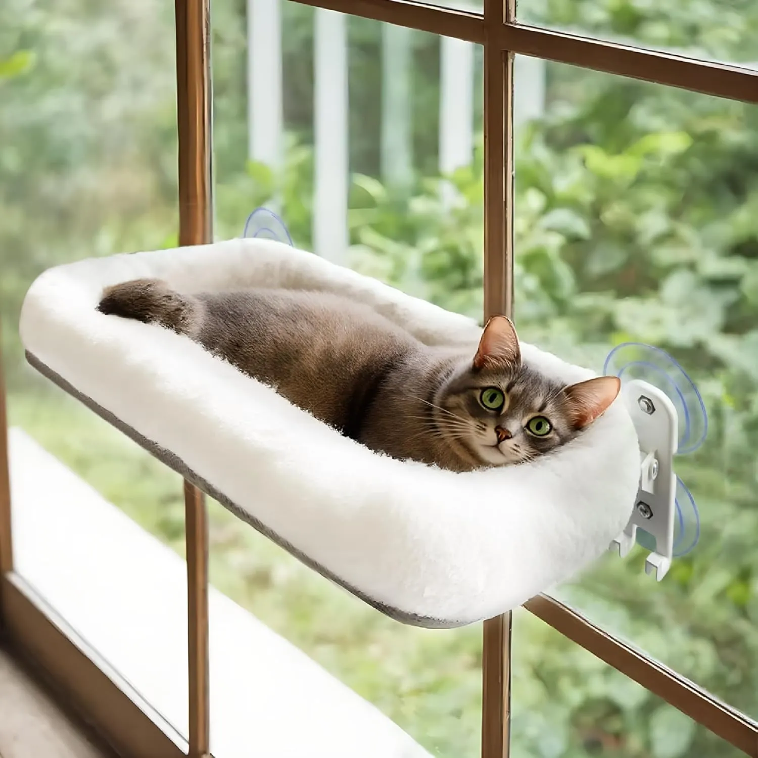 Cordless Cat Window Perch, Cat Foldable Hammock for Windows with 4 Strong Suction Cups, Solid Metal Frame, Patented Hook Design (Large-Cushion White)