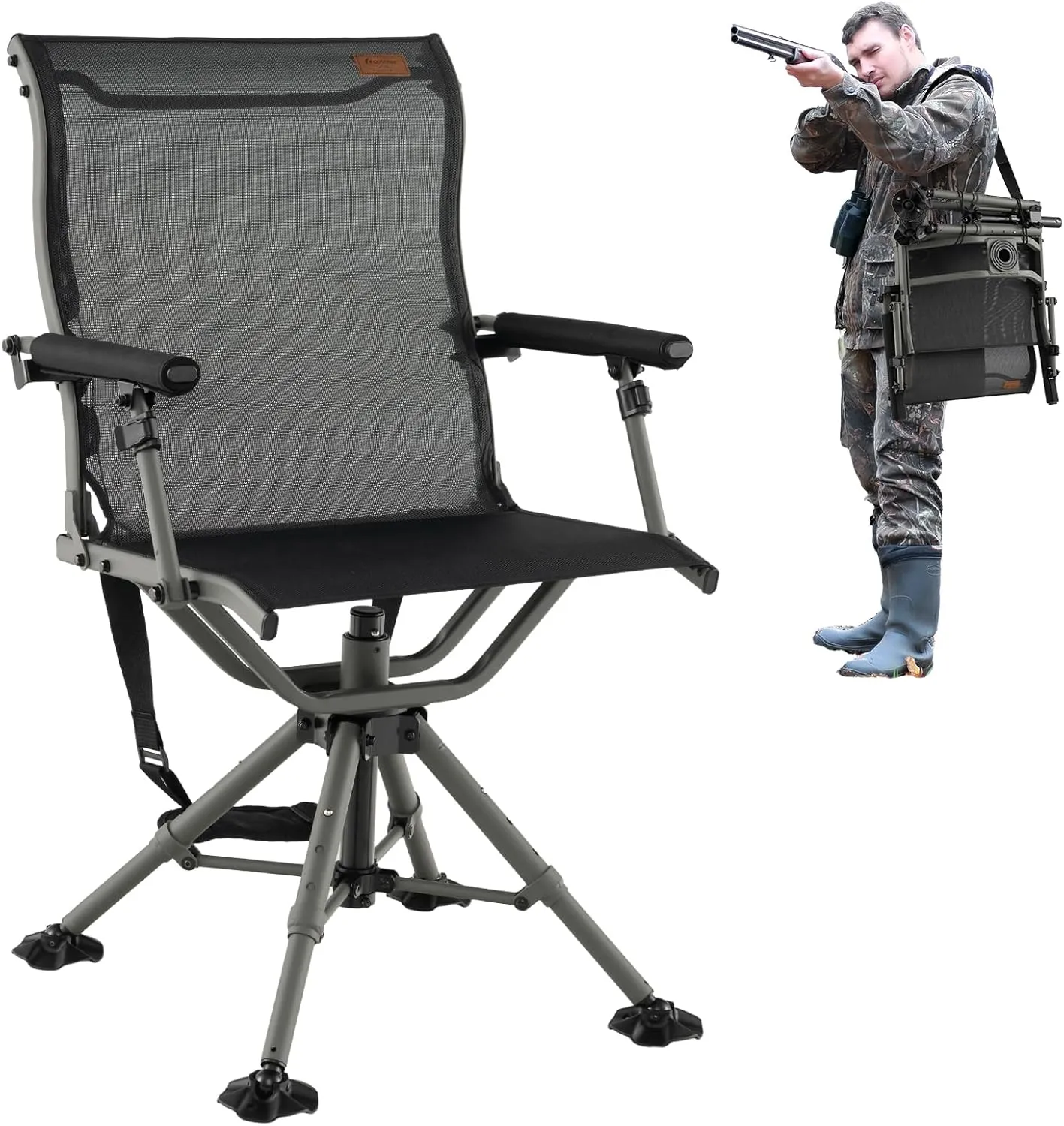 COSTWAY Folding Hunting Chair, 360° Silent Swivel Hunting Blind Chair w/Oversized Duck Feet & Padded Armrests, 400 LBS Load Capacity, Portable Ground Hunting Chair for Outdoor Fishing Camping