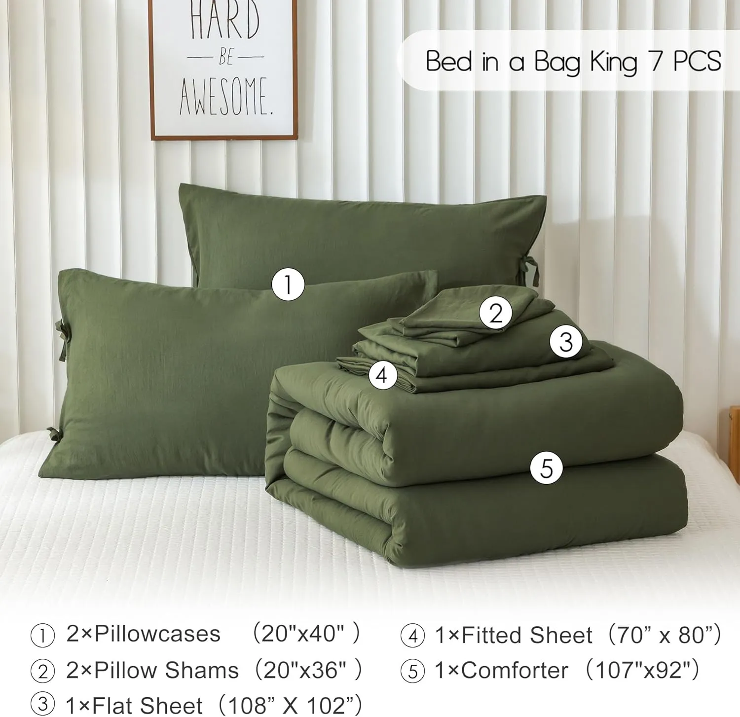 COTTEBED Super Soft King Size Comforter Set with Sheets - 7 Pieces KING BED IN A BAG Modern Farmhouse Boho Washed PolyCotton Comforter and Bedding Sheet Set Pillow Sham All Season Use Dark Olive Green