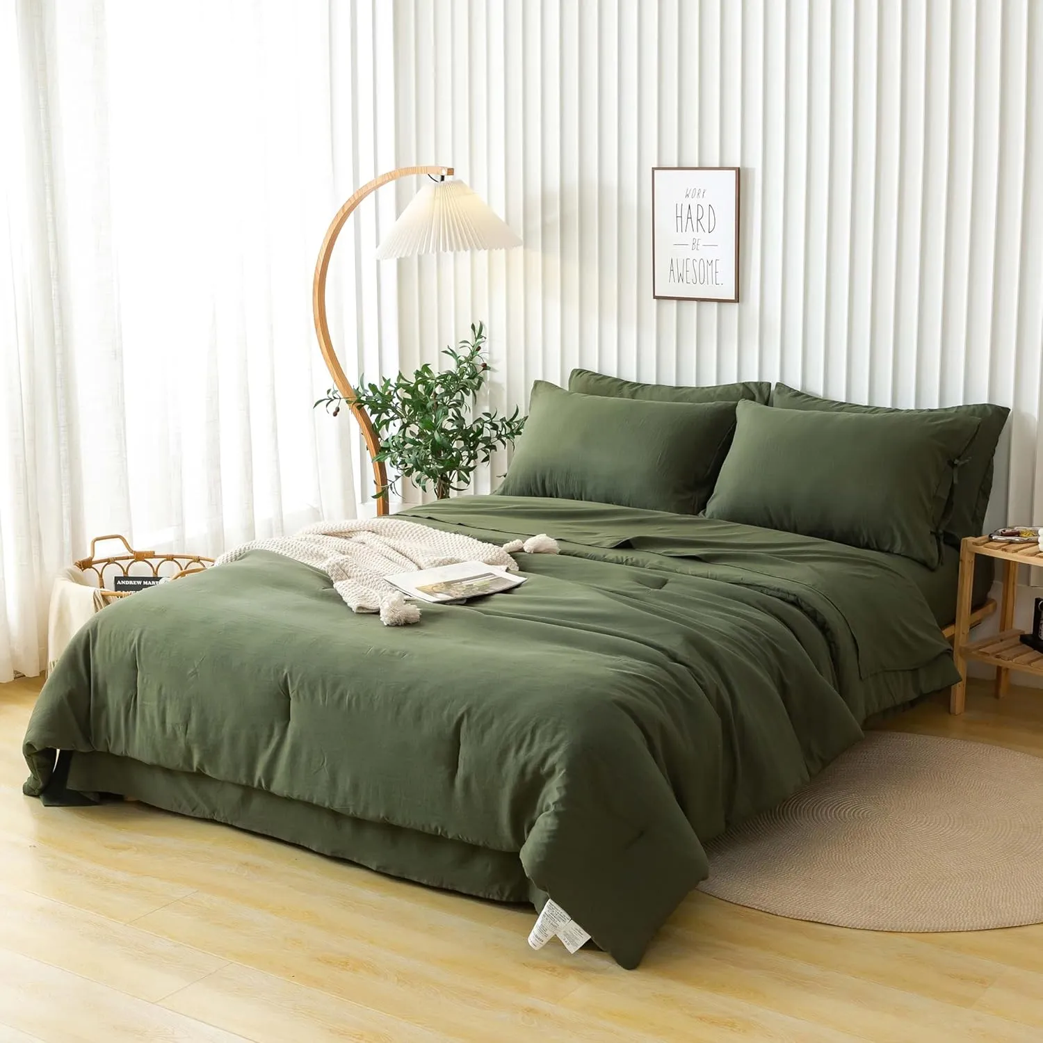 COTTEBED Super Soft King Size Comforter Set with Sheets - 7 Pieces KING BED IN A BAG Modern Farmhouse Boho Washed PolyCotton Comforter and Bedding Sheet Set Pillow Sham All Season Use Dark Olive Green