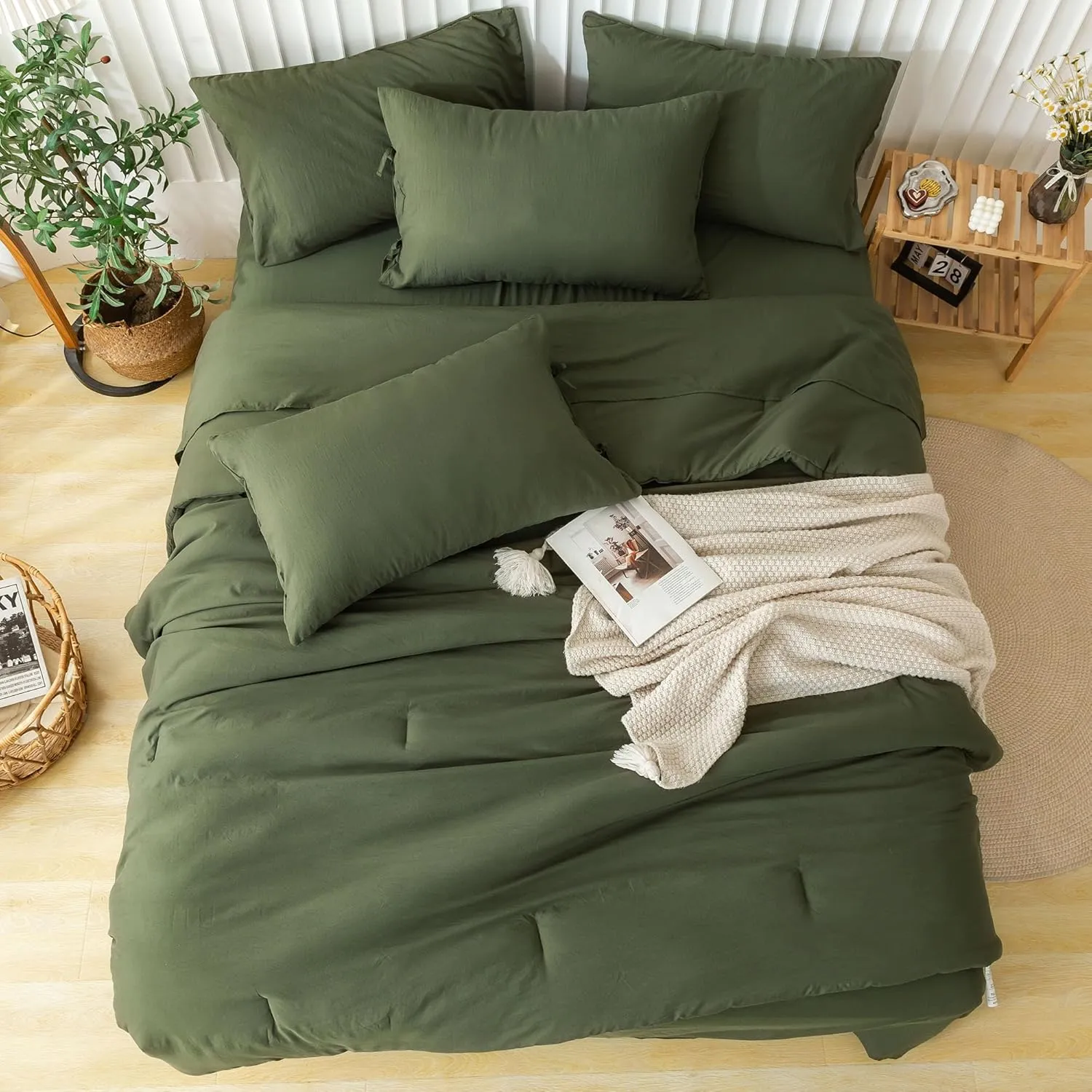 COTTEBED Super Soft King Size Comforter Set with Sheets - 7 Pieces KING BED IN A BAG Modern Farmhouse Boho Washed PolyCotton Comforter and Bedding Sheet Set Pillow Sham All Season Use Dark Olive Green