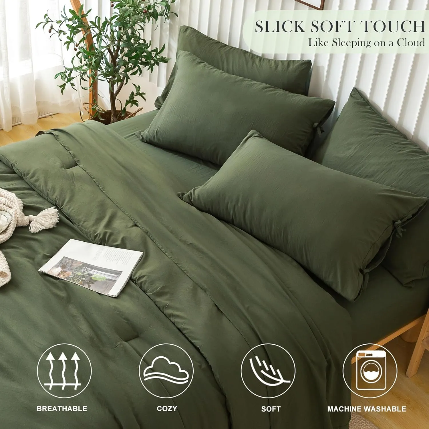 COTTEBED Super Soft King Size Comforter Set with Sheets - 7 Pieces KING BED IN A BAG Modern Farmhouse Boho Washed PolyCotton Comforter and Bedding Sheet Set Pillow Sham All Season Use Dark Olive Green