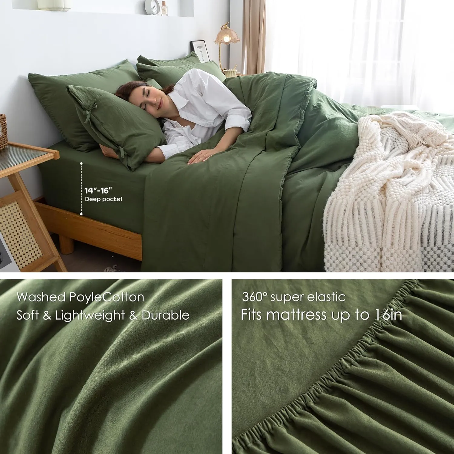 COTTEBED Super Soft King Size Comforter Set with Sheets - 7 Pieces KING BED IN A BAG Modern Farmhouse Boho Washed PolyCotton Comforter and Bedding Sheet Set Pillow Sham All Season Use Dark Olive Green
