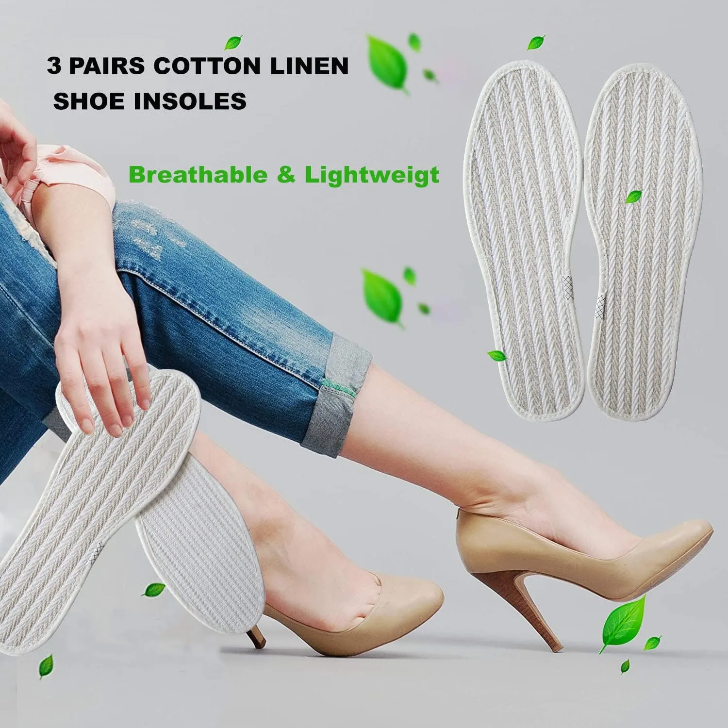 Cotton Linen Shoe Insoles for Men Thin Flat Shoe Inserts for Men Boot White Cloth Fabric Shoe Liner for Sweat Absorbing Comfortable Cotton Soles, 3 Pairs/Women 8.5/Men 6.5 M US
