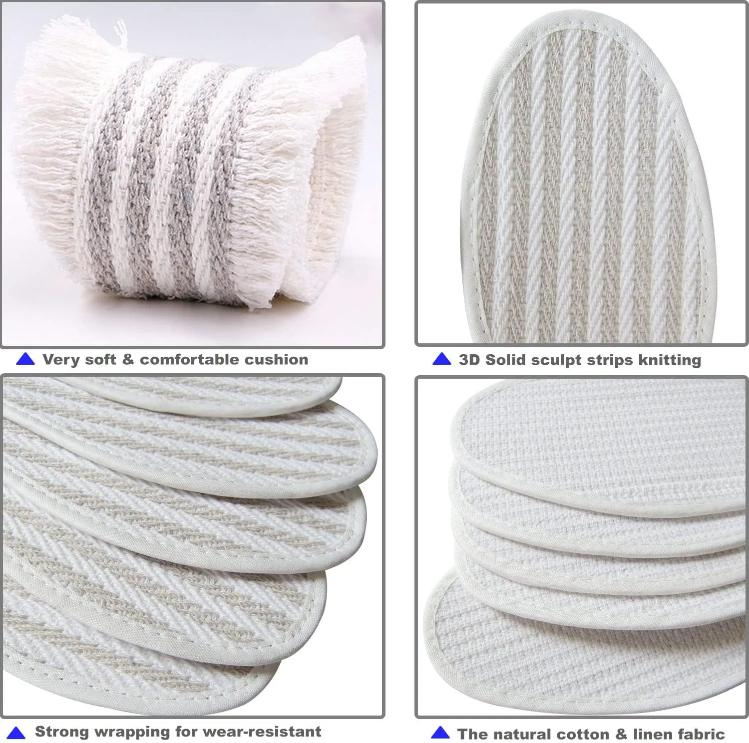 Cotton Linen Shoe Insoles for Men Thin Flat Shoe Inserts for Men Boot White Cloth Fabric Shoe Liner for Sweat Absorbing Comfortable Cotton Soles, 3 Pairs/Women 8.5/Men 6.5 M US