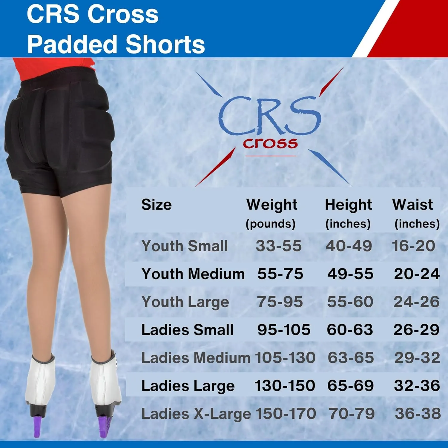 CRS Cross Padded Figure Skating Shorts. Crash Pad Pants for Roller, Inline, Ice Skating, Snowboarding, and Skiing. Fall Impact Protection for Butt, HIPS, and Tailbone