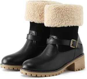 Crzidha Fleece Lined Mid Calf Boots for Women,Winter Boots for Women Chunky Block Heels Comfortable Slip On Warm Snow Ankle Boots for Women Fashion Suede Winter Outdoor Shoes