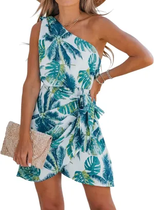 CUPSHE Women's One Shoulder Leaf Print Self-tie Short Dress Sleeveless Tiered Hem Formal Dress Casual Mini Dress