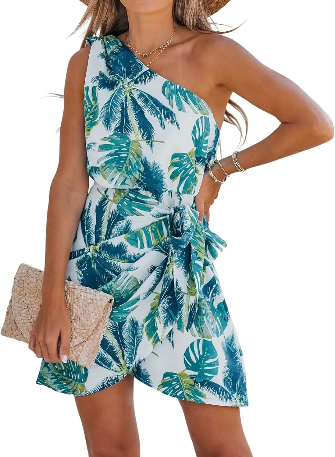 CUPSHE Women's One Shoulder Leaf Print Self-tie Short Dress Sleeveless Tiered Hem Formal Dress Casual Mini Dress