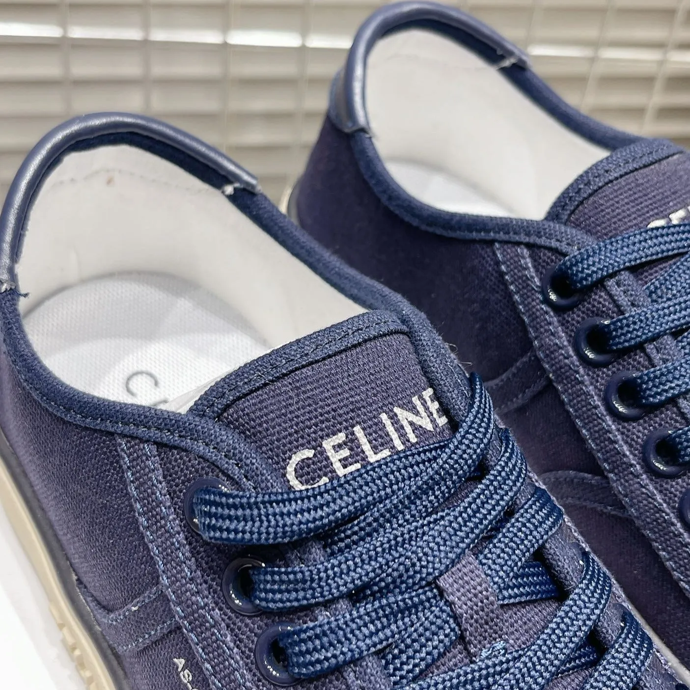 Cutting-edge TRIOMPHE JANE LACE-UP Celine IN SNEAKERS NAVY PATCH CANVAS WITH AND Supportive LOW CALFSKIN