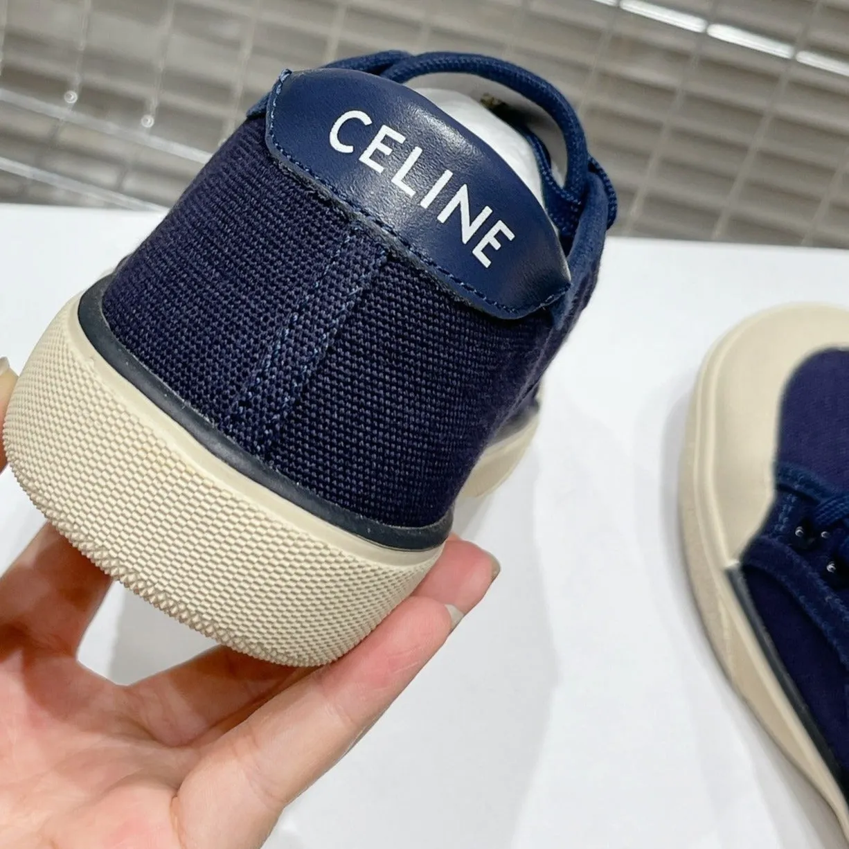 Cutting-edge TRIOMPHE JANE LACE-UP Celine IN SNEAKERS NAVY PATCH CANVAS WITH AND Supportive LOW CALFSKIN