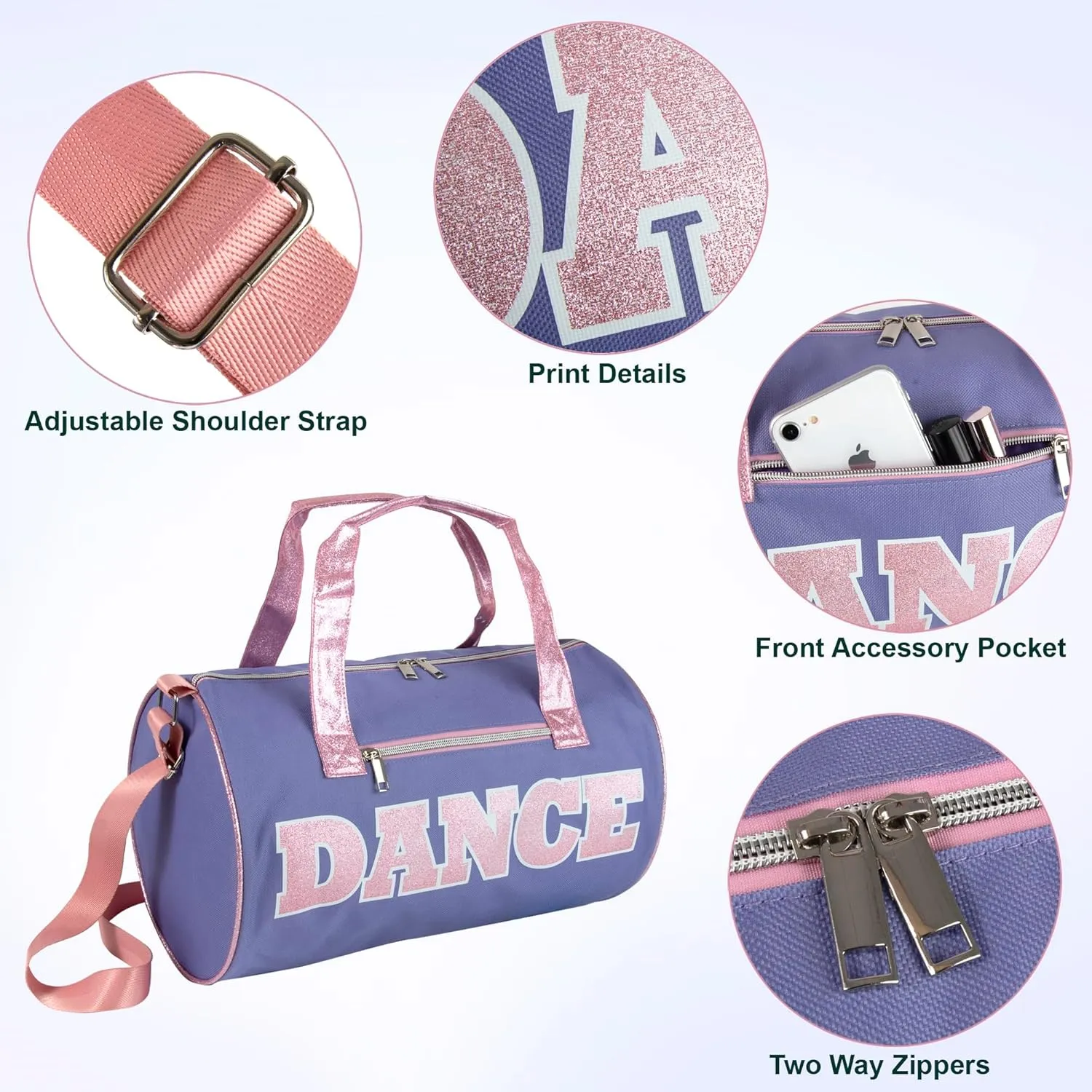 Dance Duffle Bags for Dancers, Girls, Teens, and Student Athletes, Fun Dance Workout Duffel Bag for Girls and Boys (Purple/Pink)