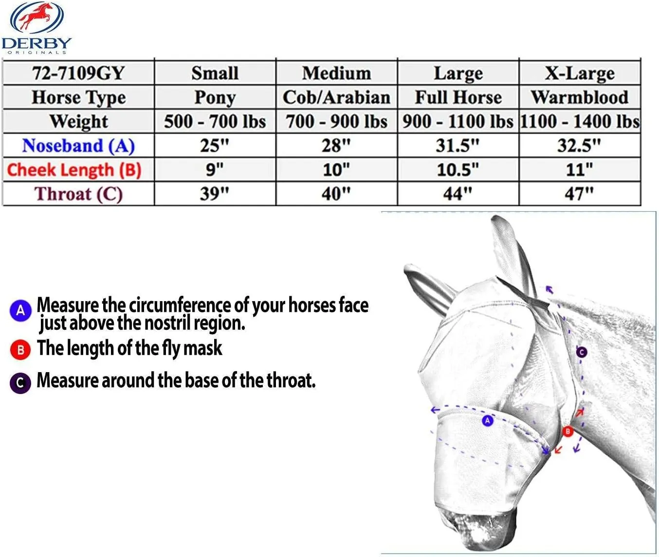 Derby Originals Reflective Fly Mask with One Year Warranty - with Ears and Nose Cover