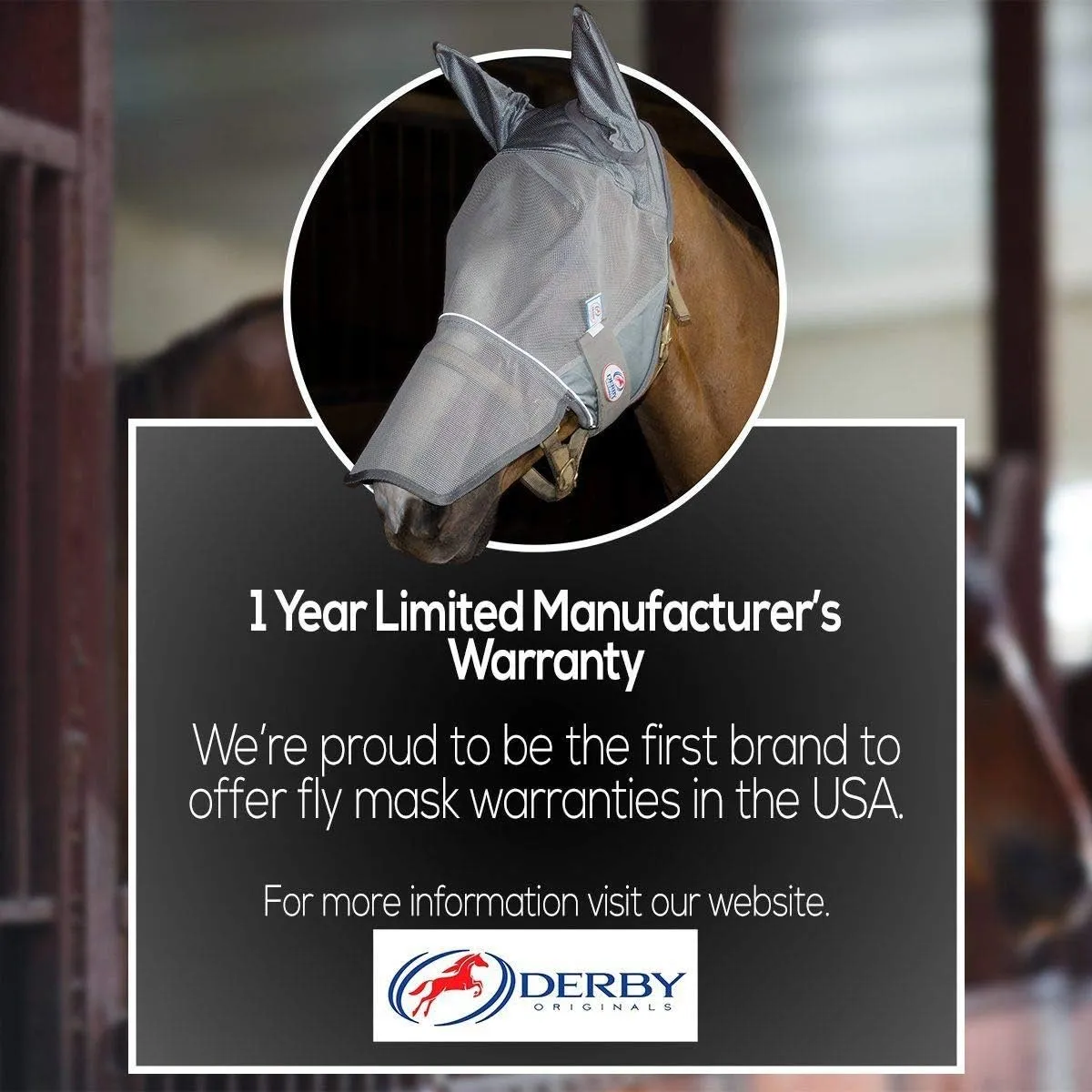 Derby Originals Reflective Fly Mask with One Year Warranty - with Ears and Nose Cover