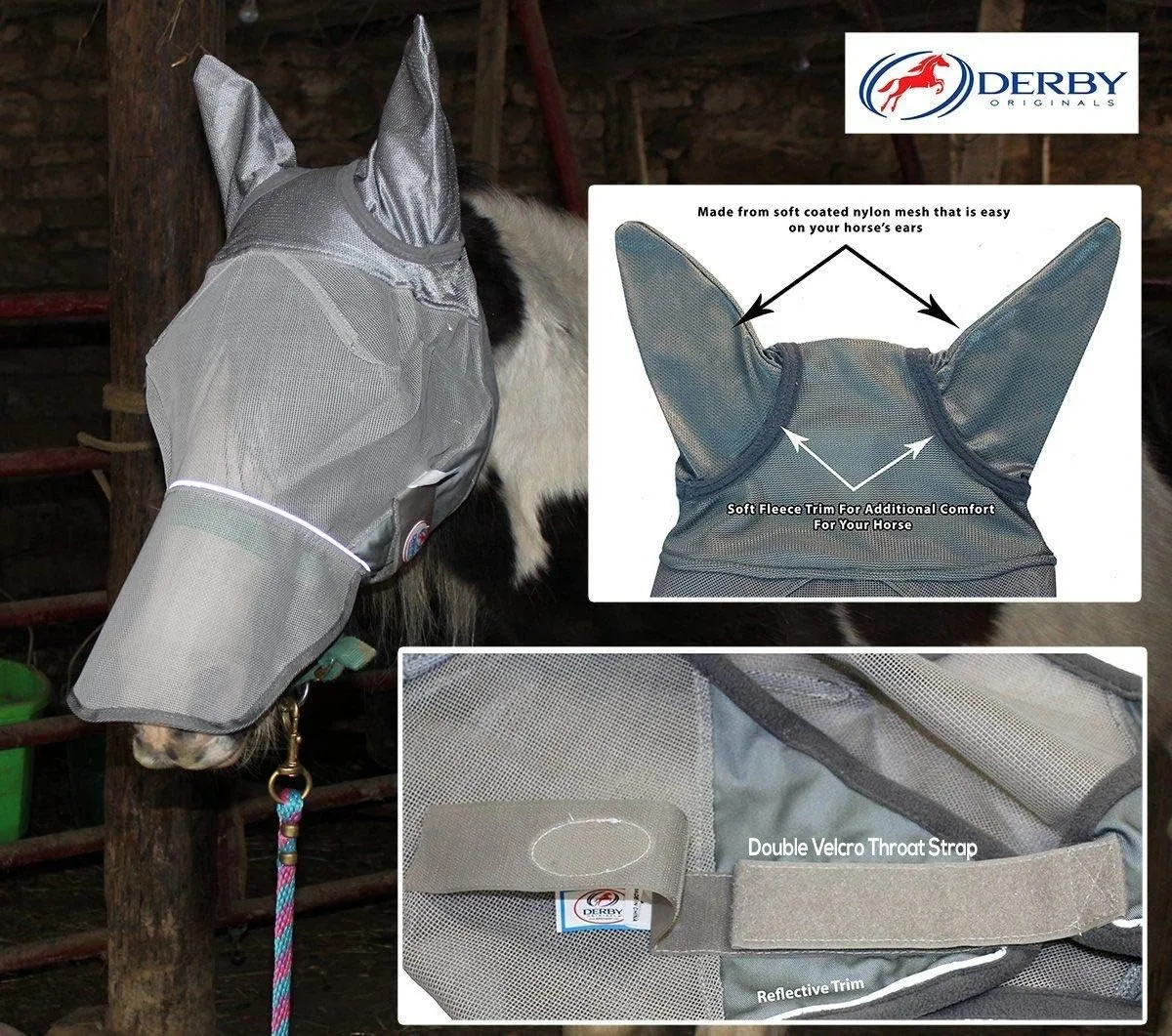 Derby Originals Reflective Fly Mask with One Year Warranty - with Ears and Nose Cover
