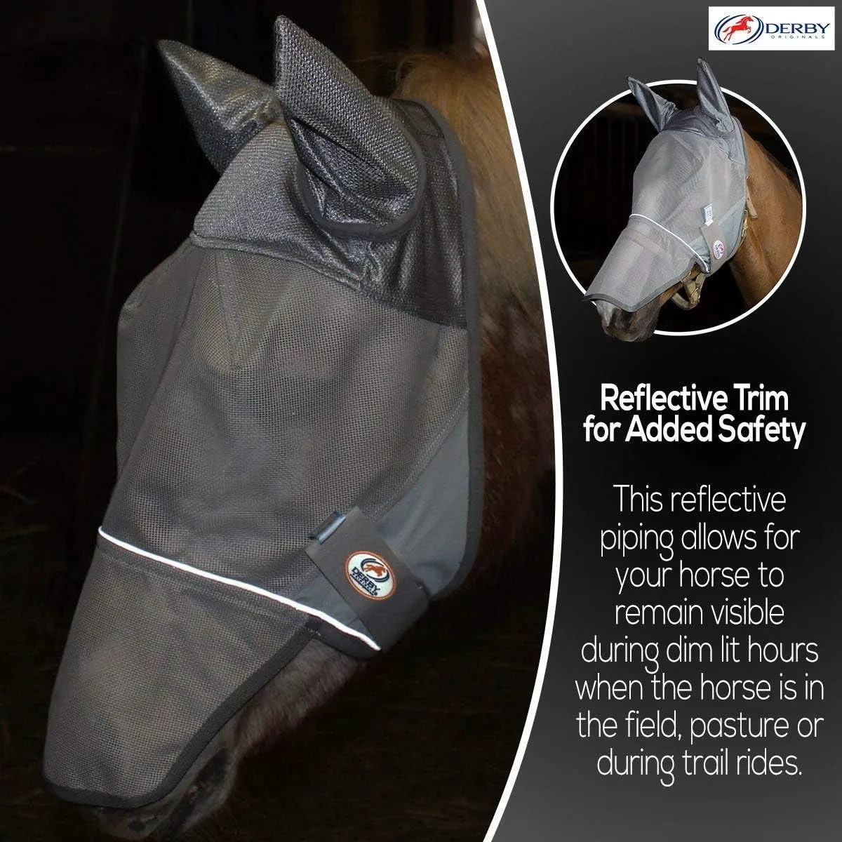 Derby Originals Reflective Fly Mask with One Year Warranty - with Ears and Nose Cover