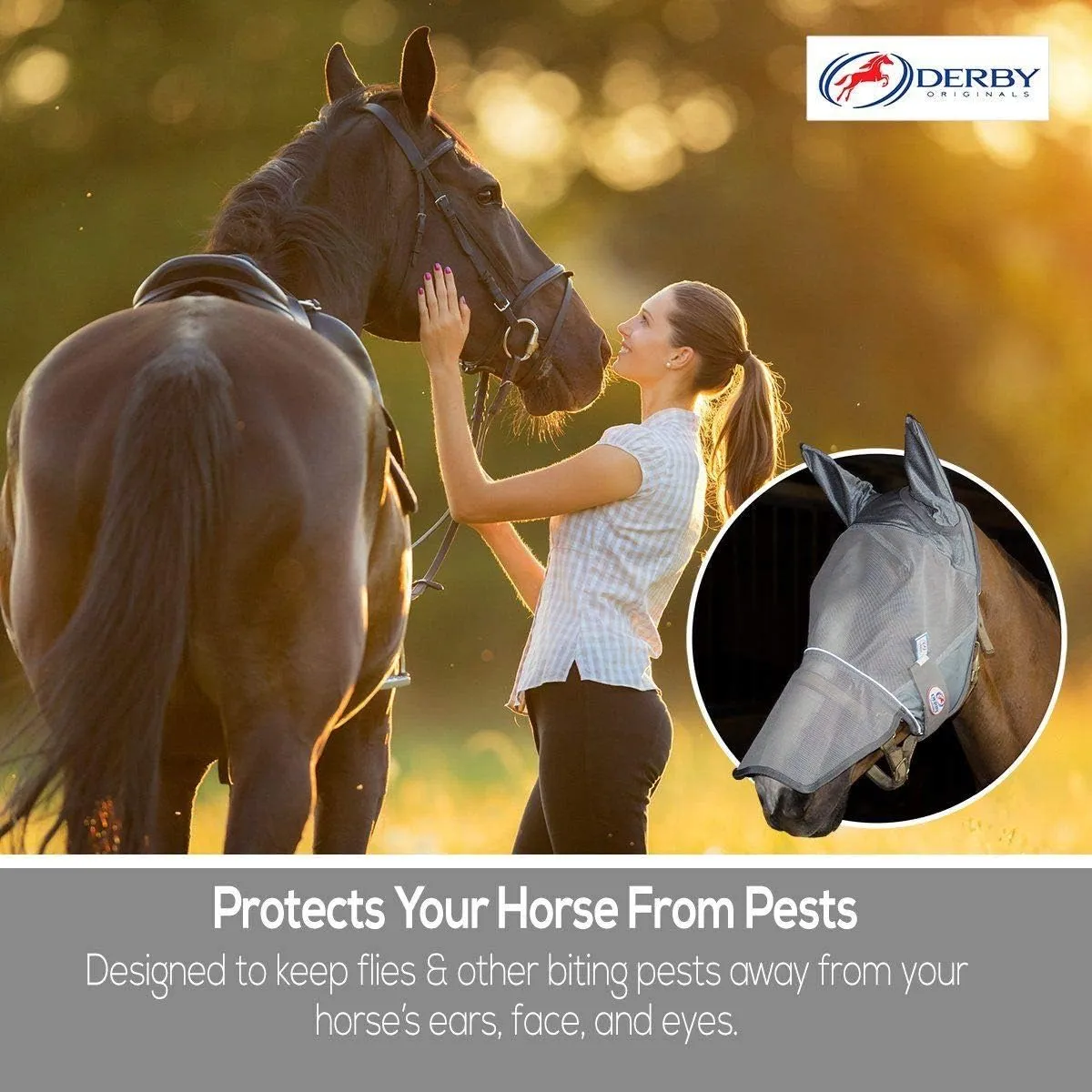 Derby Originals Reflective Fly Mask with One Year Warranty - with Ears and Nose Cover