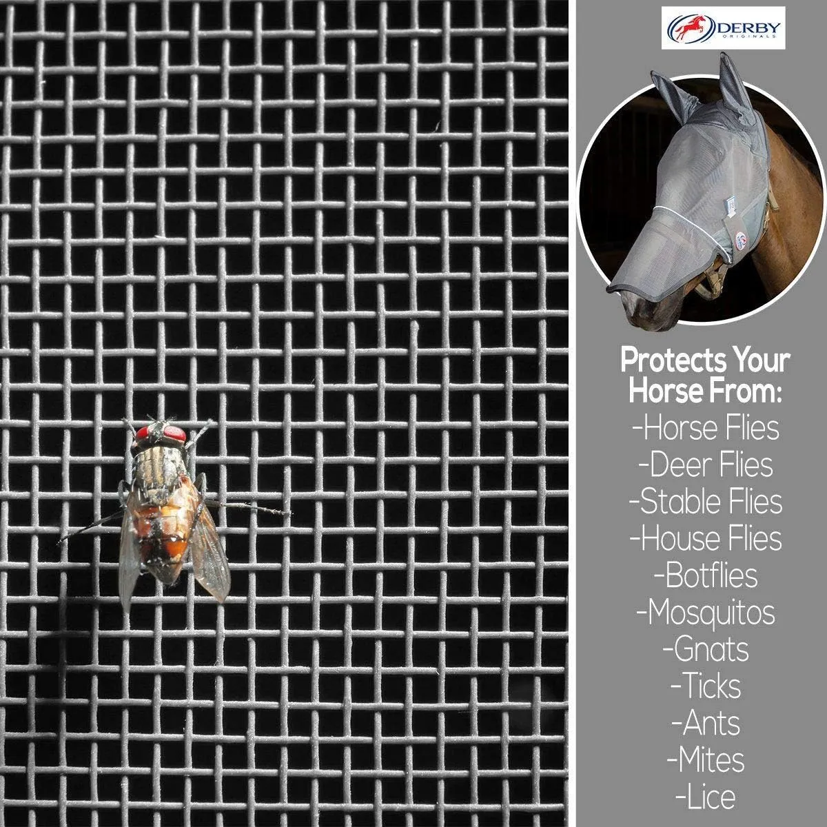Derby Originals Reflective Fly Mask with One Year Warranty - with Ears and Nose Cover