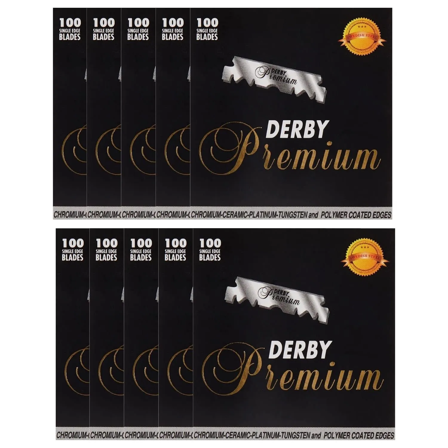 Derby Premium Single Edge Razor Blades, Ultra Sharp, Chromium - Ceramic - Platinum - Tungsten and Polymer Coated Edges (10)