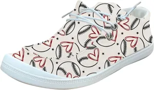 DIYCAM Women Sport Day Baseball Printed Boat Shoes Casual Canvas Loafers for Women Slip On Deck Shoes, Breathable Canvas Walking Shoes