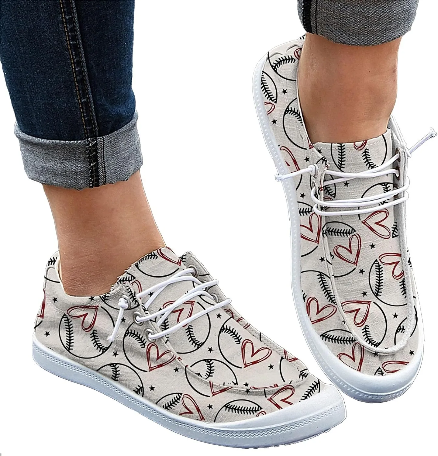 DIYCAM Women Sport Day Baseball Printed Boat Shoes Casual Canvas Loafers for Women Slip On Deck Shoes, Breathable Canvas Walking Shoes