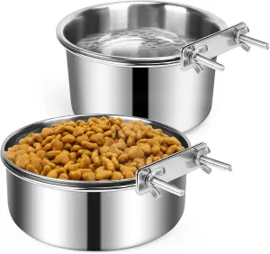 Dog Crate Water Bowl, 2 pcs Stainless Steel Large Dog Bowls 40oz & 60oz, Durable Anti-Spill Pet Metal Bowl for Cage Kennel Crate, Hanging Water/Food Bowl for Medium & Large Dogs