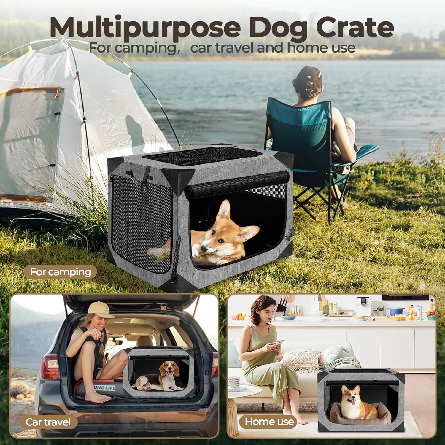Dog Crates,Collapsible Soft Travel Crate for Medium Dogs (3 Year Warranty), Indoor & Outdoor Portable Pet Kennel with Chew Proof Mesh Window (French Gray,30" L x 21" W x 21" H) ﻿