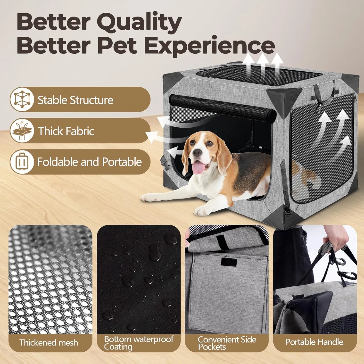 Dog Crates,Collapsible Soft Travel Crate for Medium Dogs (3 Year Warranty), Indoor & Outdoor Portable Pet Kennel with Chew Proof Mesh Window (French Gray,30" L x 21" W x 21" H) ﻿