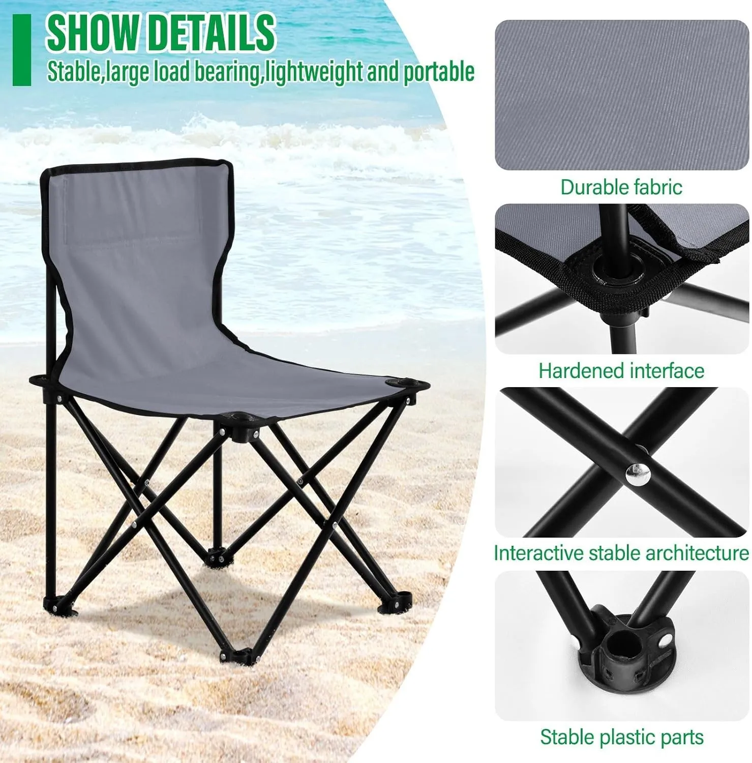 DOMIKING Grey Kids' Portable Camping Chairs for Outdoor Beach Chairs with Carry Bag Folding Chair for Camping Beach Picnic