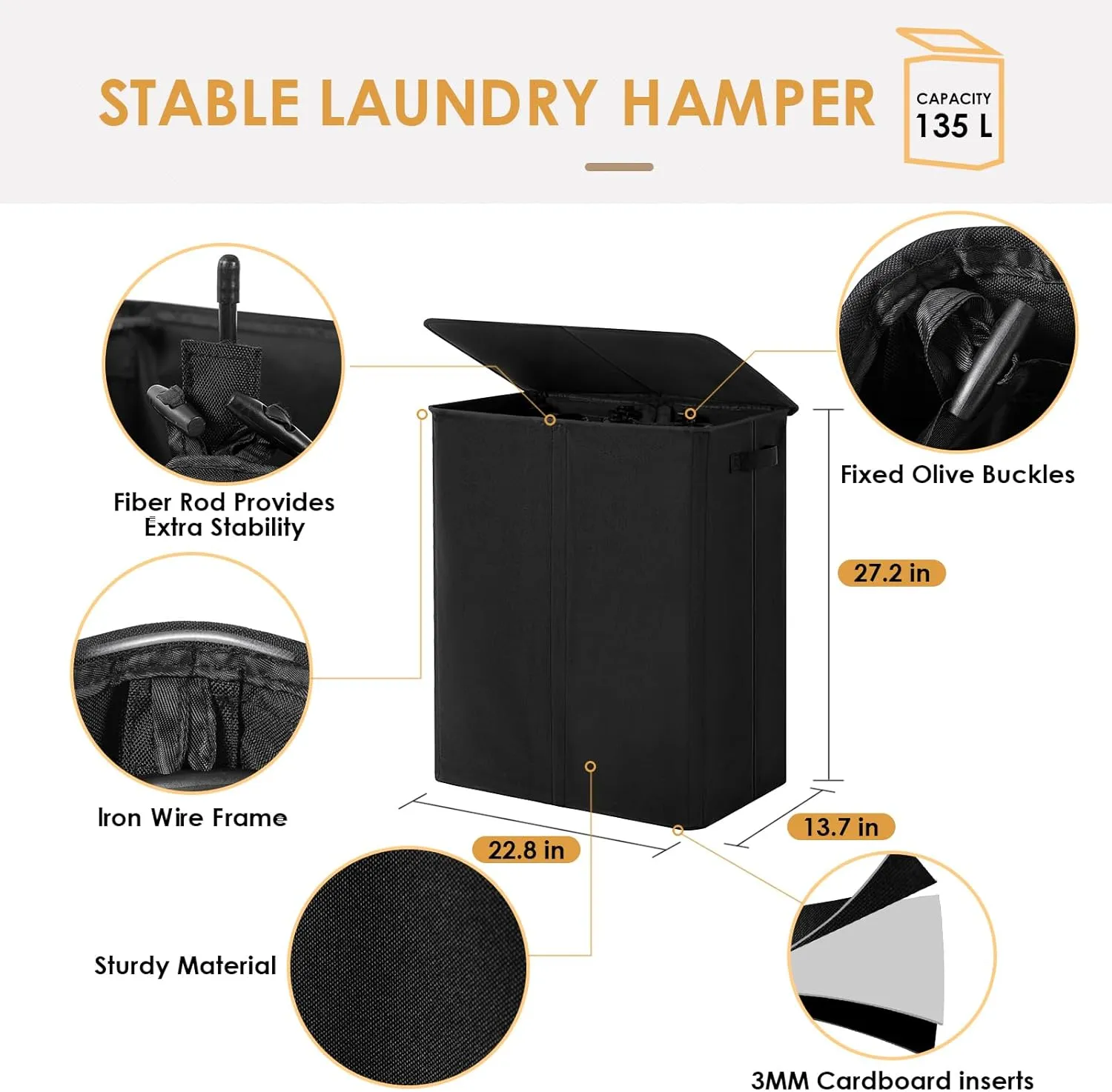 Double Laundry Hamper with Lid, 135L Dirty Clothes Hamper with Removable Bags & Labels, Laundry Basket 2 Section for Separating, Large Laundry Basket for Laundry Room, Bedroom, Black
