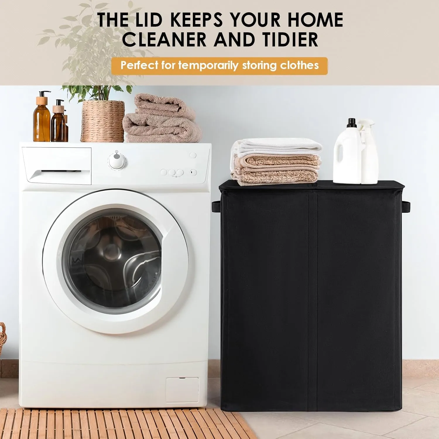 Double Laundry Hamper with Lid, 135L Dirty Clothes Hamper with Removable Bags & Labels, Laundry Basket 2 Section for Separating, Large Laundry Basket for Laundry Room, Bedroom, Black