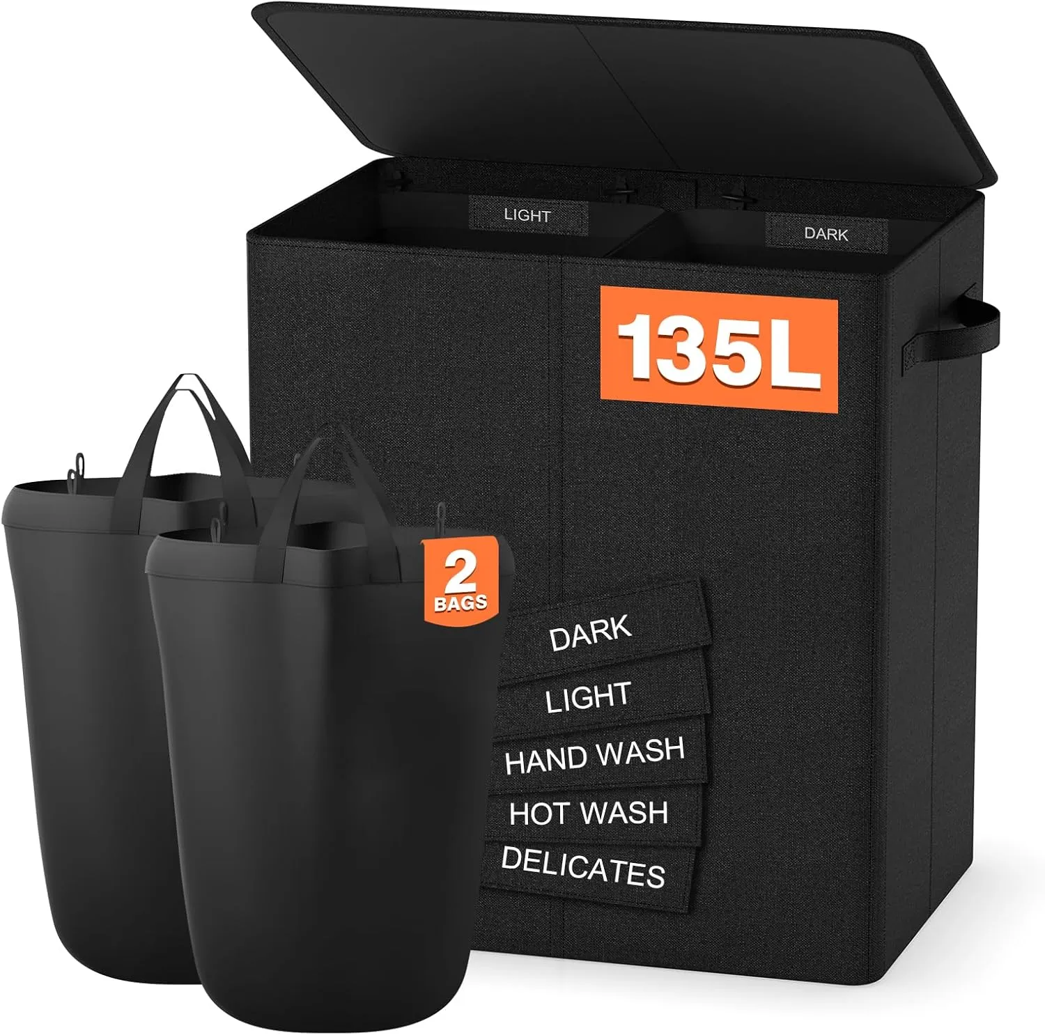 Double Laundry Hamper with Lid, 135L Dirty Clothes Hamper with Removable Bags & Labels, Laundry Basket 2 Section for Separating, Large Laundry Basket for Laundry Room, Bedroom, Black