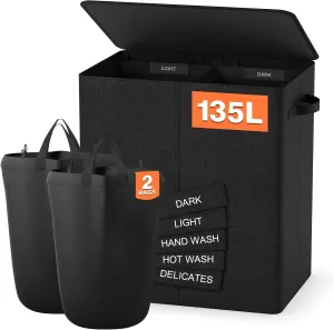 Double Laundry Hamper with Lid, 135L Dirty Clothes Hamper with Removable Bags & Labels, Laundry Basket 2 Section for Separating, Large Laundry Basket for Laundry Room, Bedroom, Black