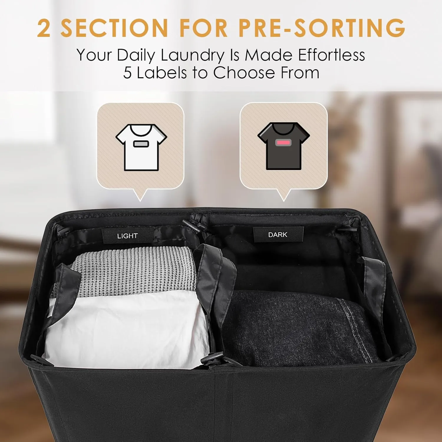Double Laundry Hamper with Lid, 135L Dirty Clothes Hamper with Removable Bags & Labels, Laundry Basket 2 Section for Separating, Large Laundry Basket for Laundry Room, Bedroom, Black