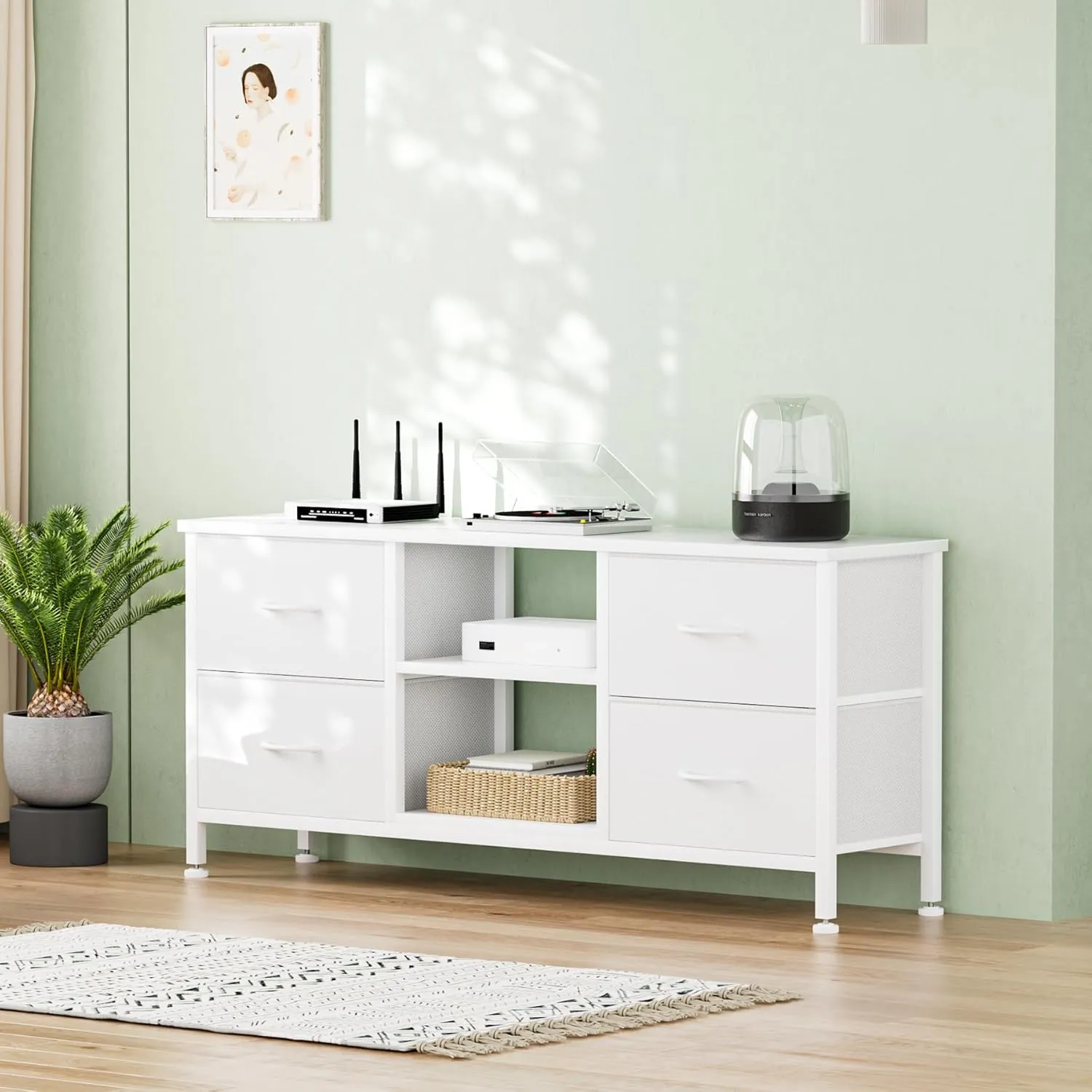 Dresser TV Stand with Power Outlet, Entertainment Center with 4 Fabric Drawers and Open Shelves for 50" TV, Media Console Table, Dresser for Bedroom, Living Room, Entryway, White