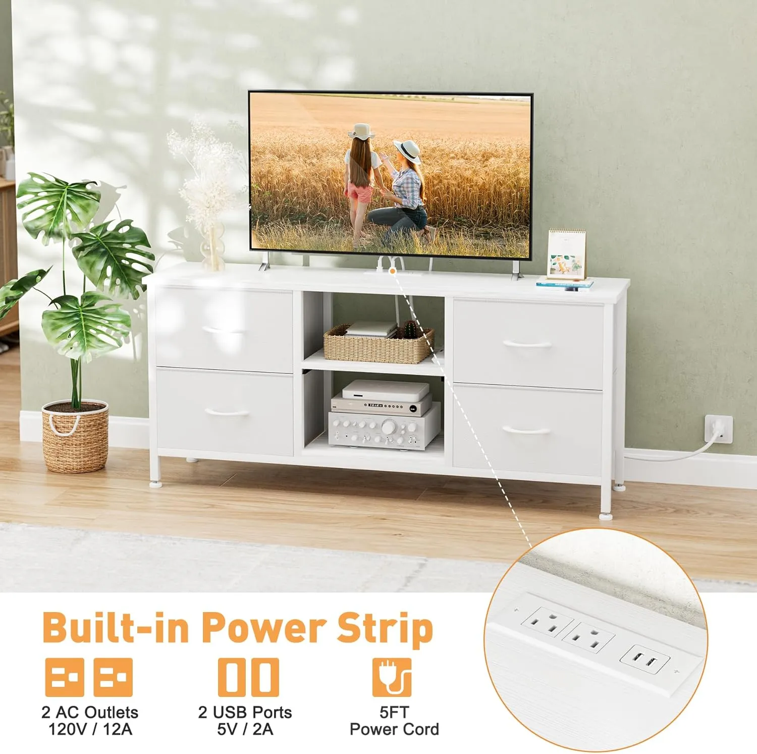 Dresser TV Stand with Power Outlet, Entertainment Center with 4 Fabric Drawers and Open Shelves for 50" TV, Media Console Table, Dresser for Bedroom, Living Room, Entryway, White