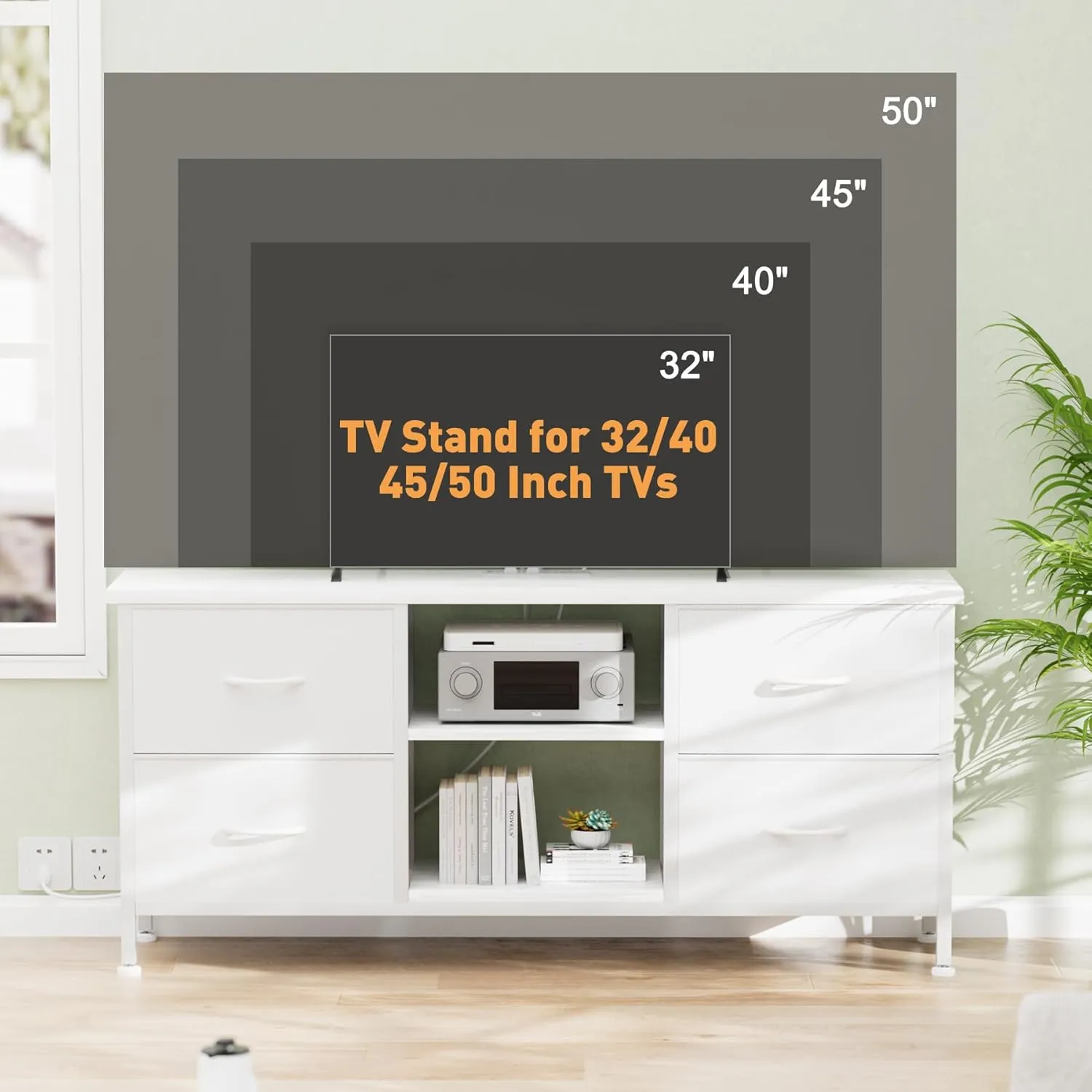 Dresser TV Stand with Power Outlet, Entertainment Center with 4 Fabric Drawers and Open Shelves for 50" TV, Media Console Table, Dresser for Bedroom, Living Room, Entryway, White