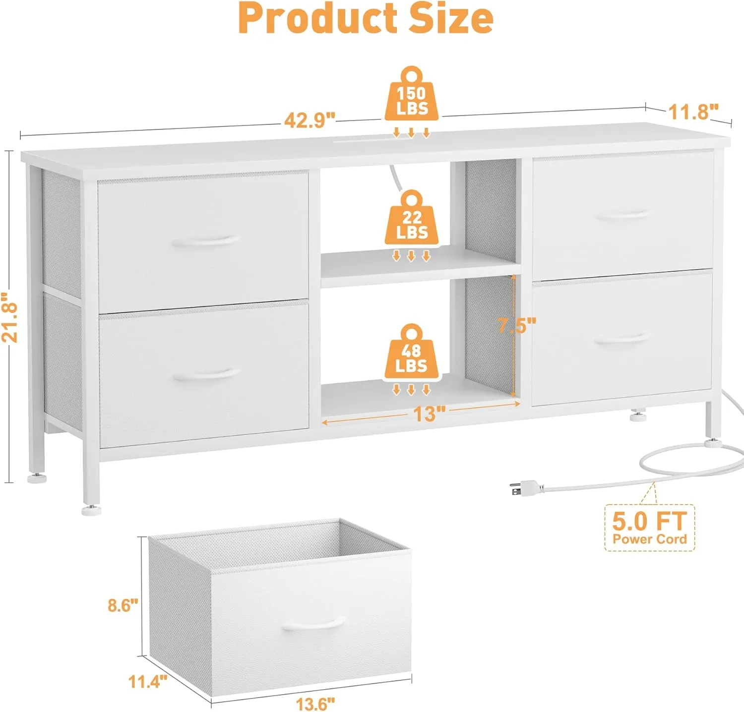 Dresser TV Stand with Power Outlet, Entertainment Center with 4 Fabric Drawers and Open Shelves for 50" TV, Media Console Table, Dresser for Bedroom, Living Room, Entryway, White