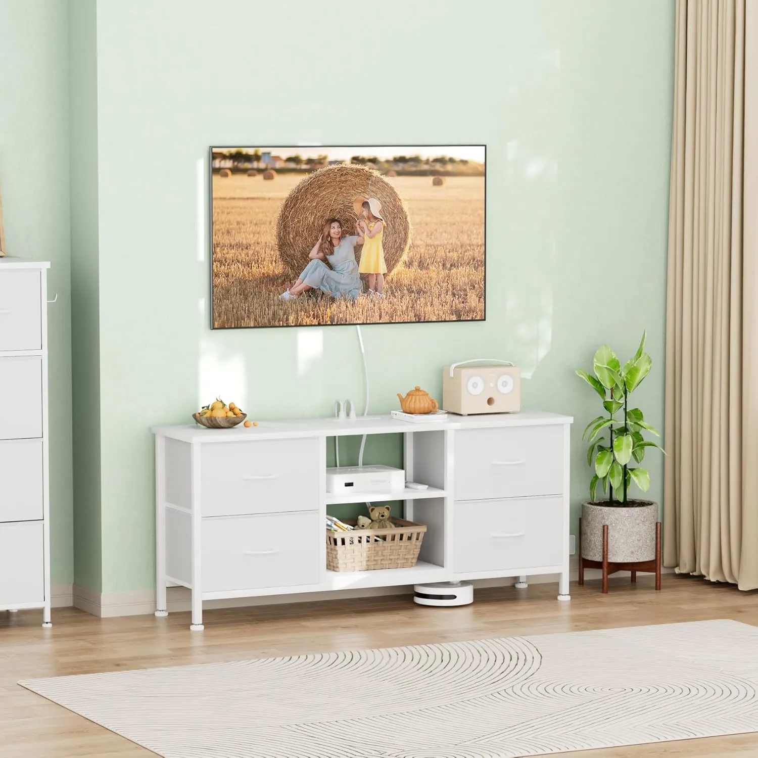 Dresser TV Stand with Power Outlet, Entertainment Center with 4 Fabric Drawers and Open Shelves for 50" TV, Media Console Table, Dresser for Bedroom, Living Room, Entryway, White
