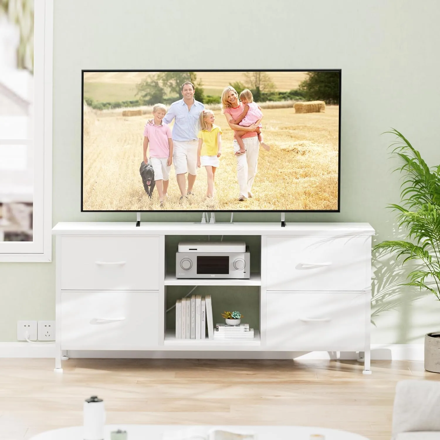 Dresser TV Stand with Power Outlet, Entertainment Center with 4 Fabric Drawers and Open Shelves for 50" TV, Media Console Table, Dresser for Bedroom, Living Room, Entryway, White