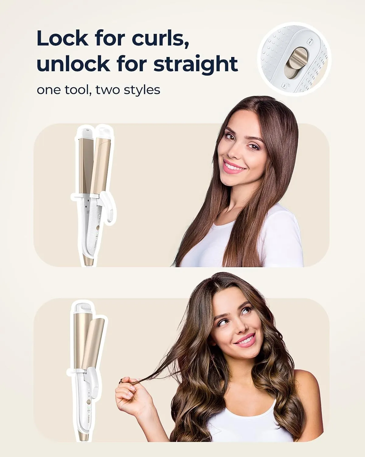 Dual-Voltage Curling Iron: 110V-240V 1 1/2 Inch Ceramic Wide Barrel 2-in-1 Curling Iron for Women - Europe Travel for Long/Medium Hair