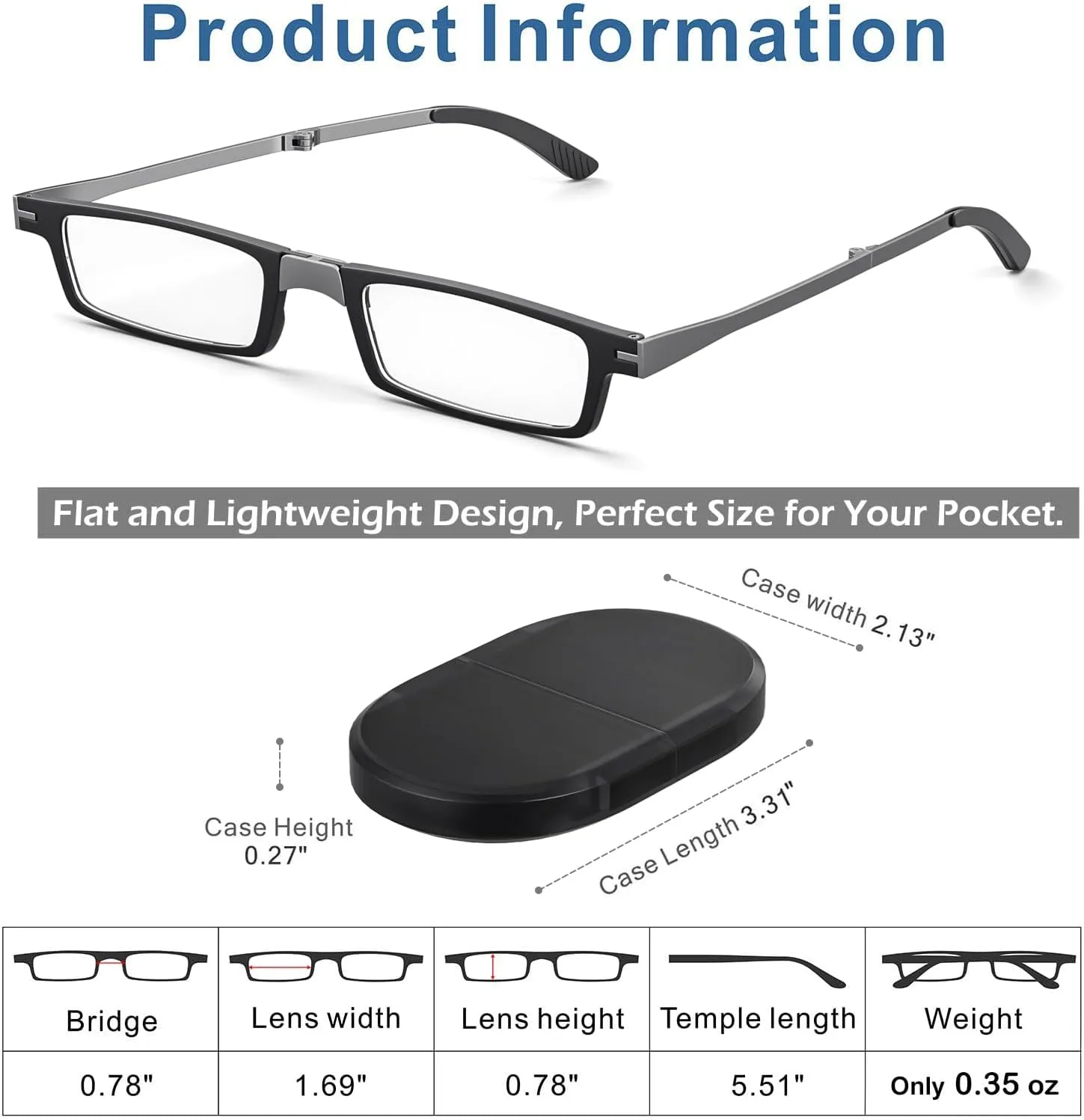 Durable Evolved Case Ultralight and Thin Folding Reading Glasses Flat Foldable Readers for Men Women Compact Magnetic Eyeglass Case Portable Rectangle(Clear, 1.0)