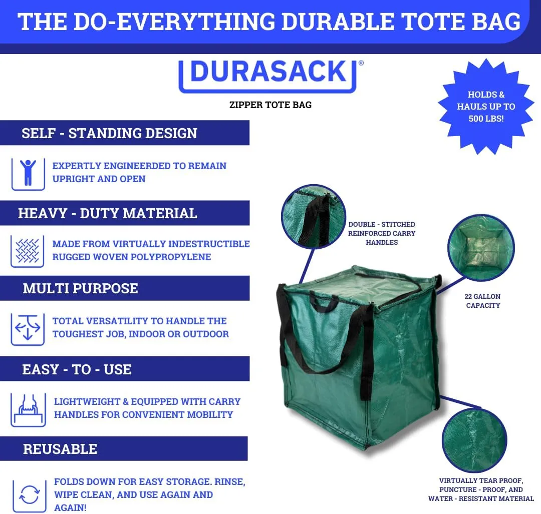 DURASACK Heavy Duty Storage Tote Bag with Zipper Top 22-Gallon Rugged Woven Polypropylene Moving Bag, Reusable Self-Standing Design, Holds up to 500 Pounds, Pack of 4, Green