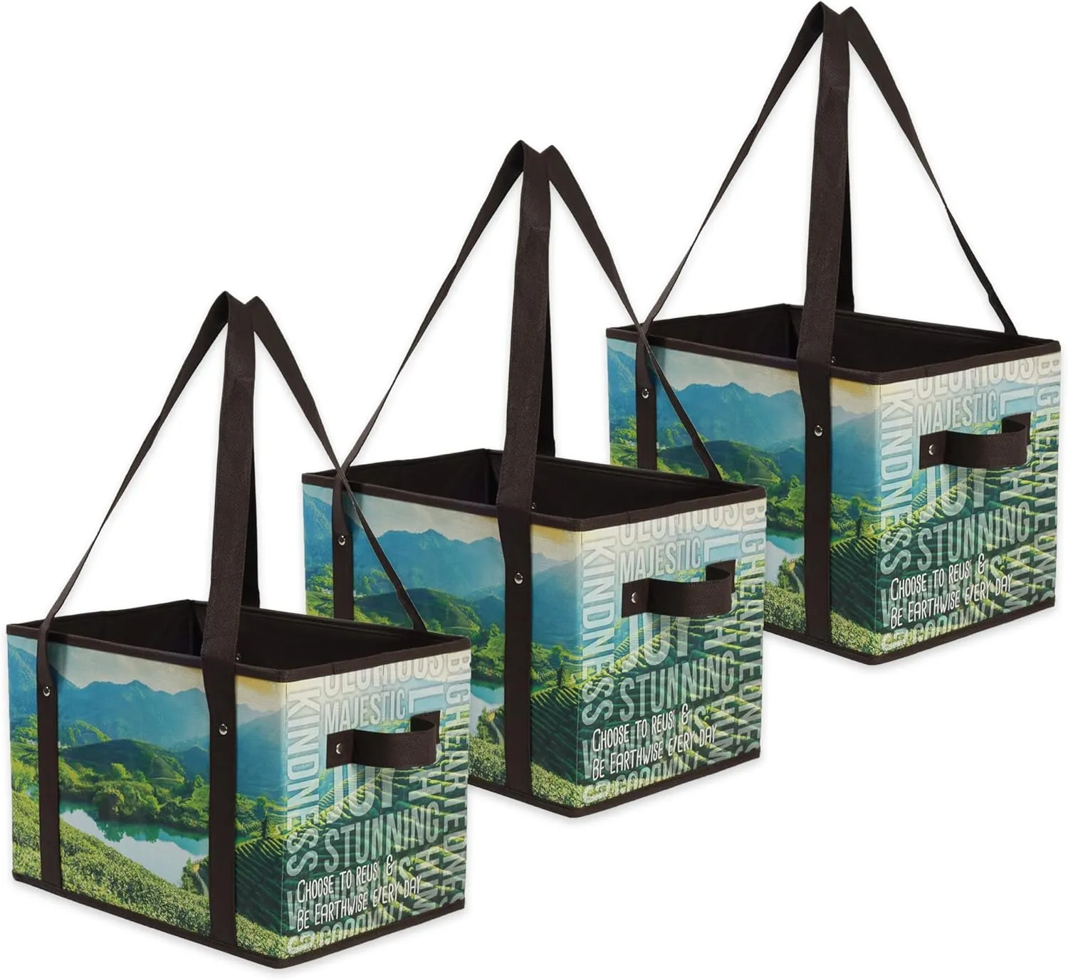 Earthwise Reusable Grocery Bags Set Shopping Box with Reinforced Bottom Heavy Duty Premium Collapsible Foldable with Long Handles Storage Boxes Eco Friendly Bins Cubes (Set of 3)
