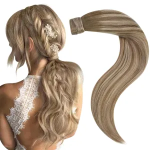 Easyouth Ponytail Extension Human Hair Balayage Pony Tails Hair Extensions Walnut Brown Ombre Ash Blonde mixed Platinum Blonde Ponytail Hair Extensions Human Hair Ponytail Natural 12Inch 70g